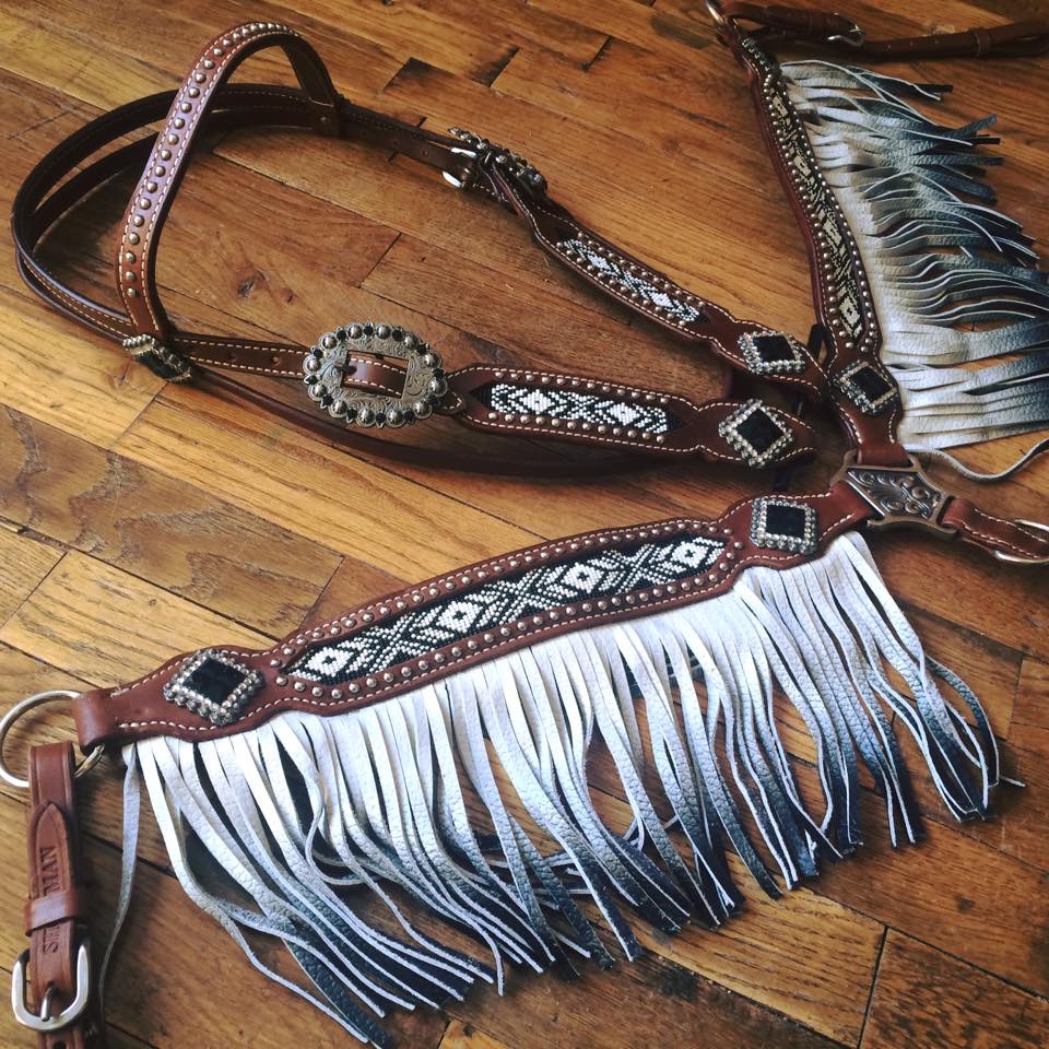 SHOWMAN Black and White Beaded Headstall and Breast Collar with Ombre Fringe! 