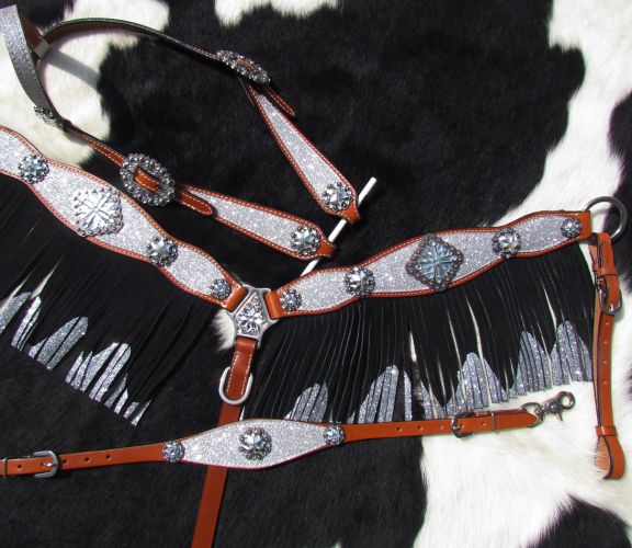 Western Horse Bling Purple Glitter Leather Tack set Headstall Breast Collar 