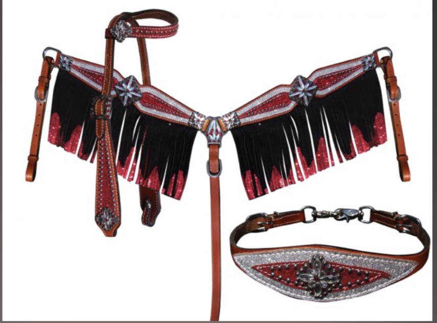 Details about   Daisy Tack Set w/Bronze Metallic Fringe Headstall & Beast Collar Reins Leather 